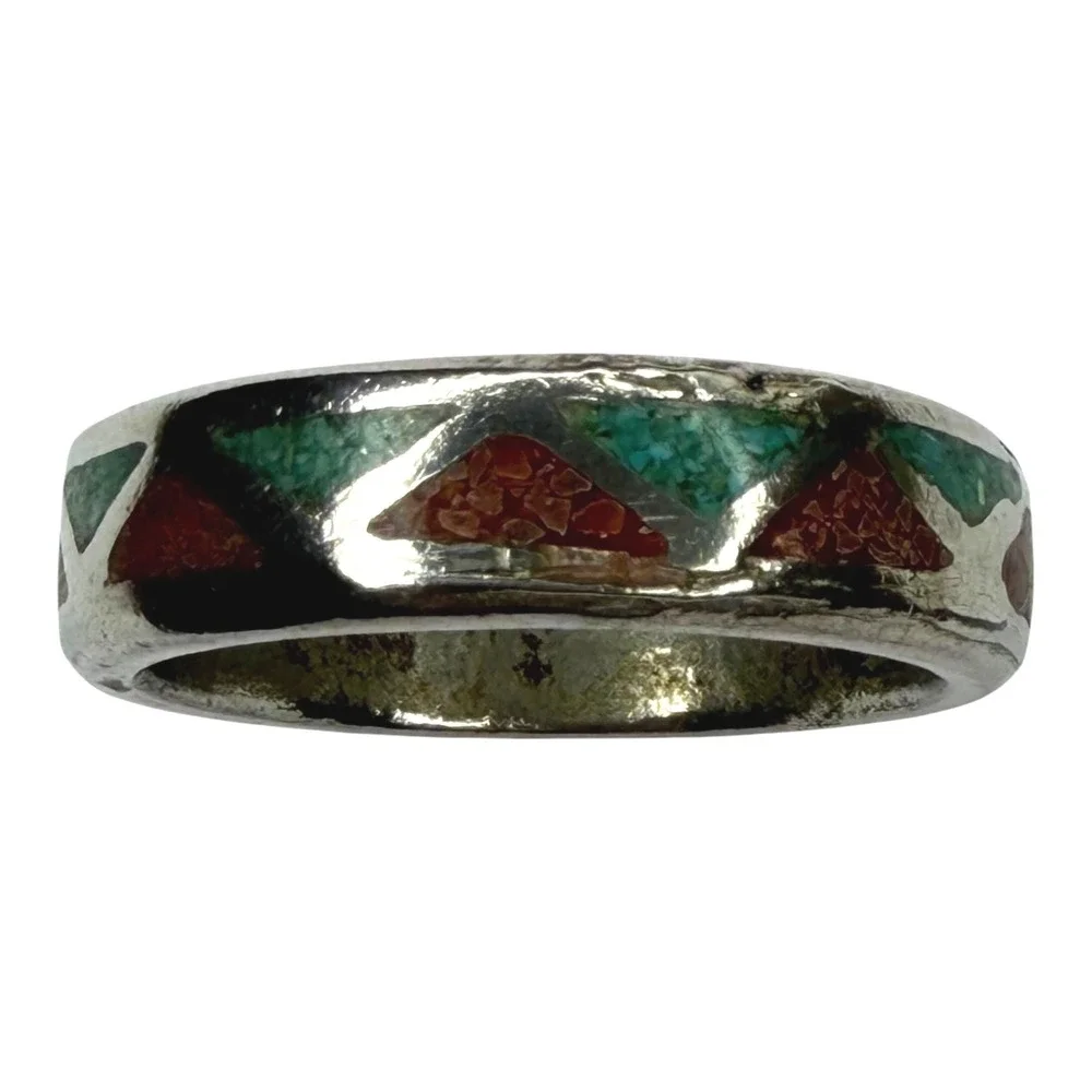 Vintage Band Ring Nickel Silver Size 14 Turquoise Coral Chip Inlay
